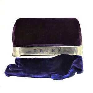 Vintage Gruen Watch Box Silver Color Base Purple Velvet Top Cleaning Cloth
